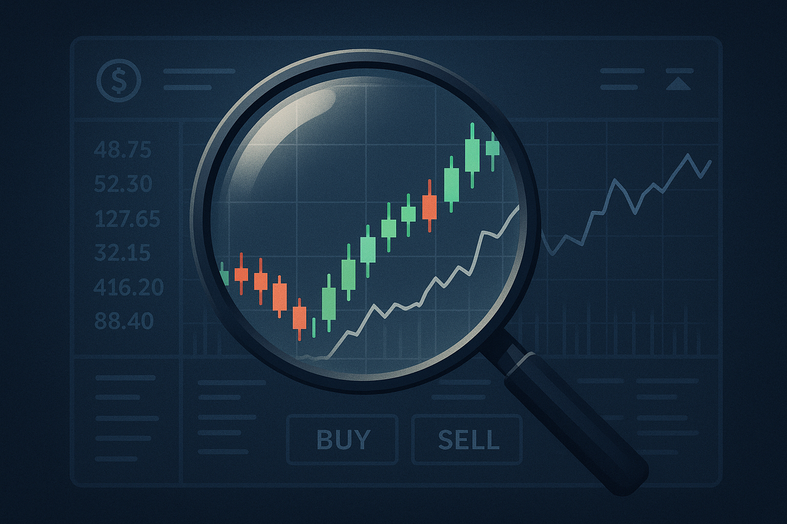 A magnifying glass zooming into a trading interface with subtle highlights (charts, numbers, icons).